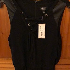 Nicole Miller Jumpsuit faux leather w lace up top